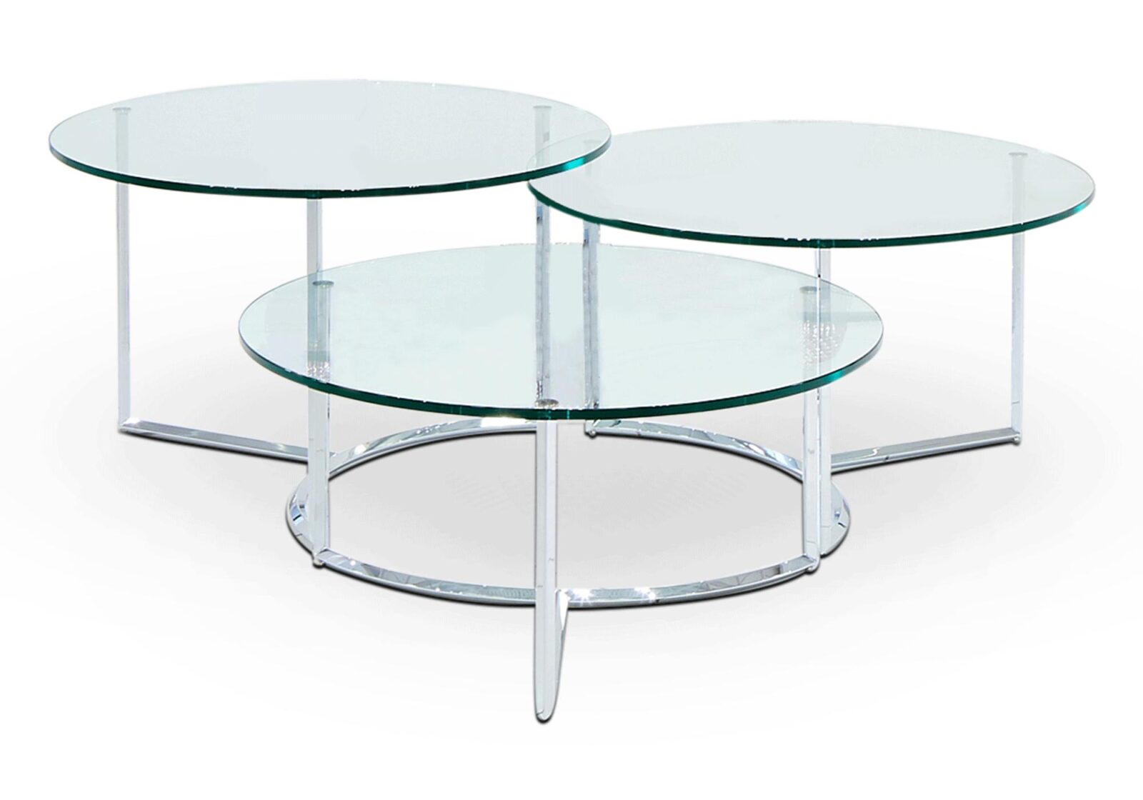 Salontisch Brasil mit Dreisatztisch. Klarglas rund. Durchmesser 70 cm  H 32  37  42 cm. Erhältlich bei Möbel Gallati.