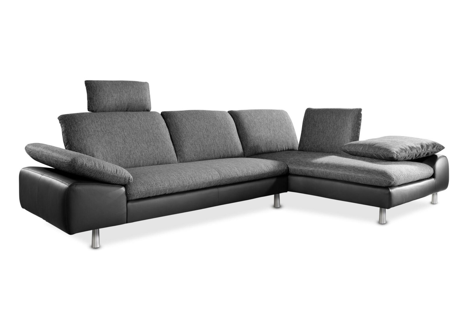 Ecksofa Moritz mit übertiefer Longchair. Bezug: Leder/Stoff. Farbe: Dunkelgrau/schwarz.