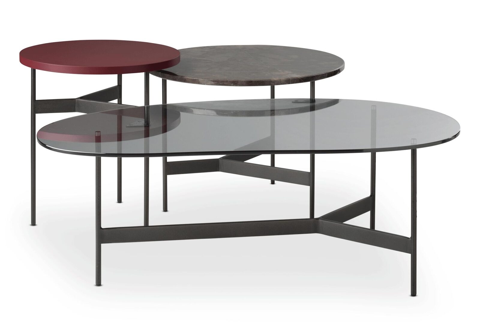 Satztisch Tampa mit 3 Tischen. Glas/ Marmor/ Lack bordeaux. B 108 T 61 H 40 5 cm. Erhältlich bei Möbel Gallati.