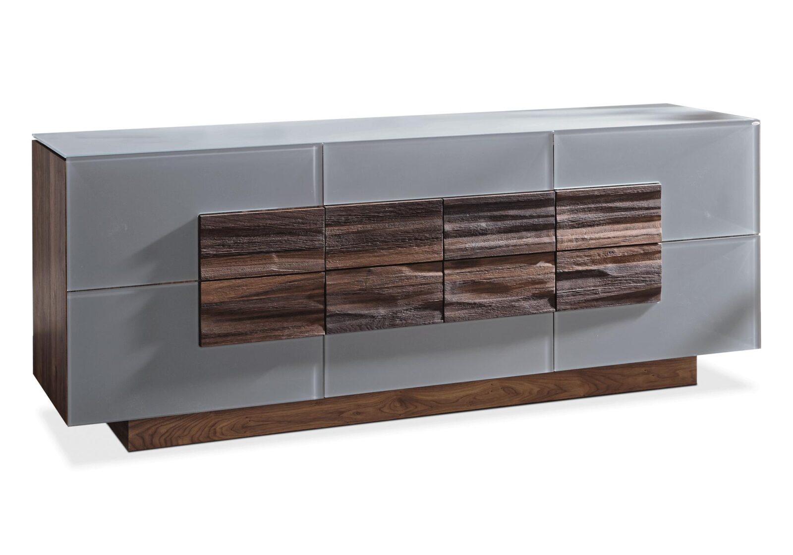 Sideboard Montana mit 2 Türen und Schubladen. Wildnussbaum  Glas montegrau. Erhältlich bei Möbel Gallati.