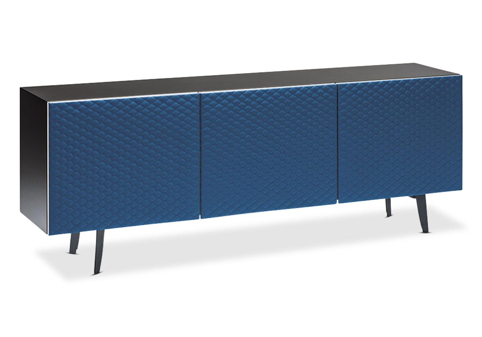 Sideboard Teorama mit 3 Türen in Textilleder. Blau/schwarz matt. B 220 T 46 H 80cm. Erhältlich bei Möbel Gallati.