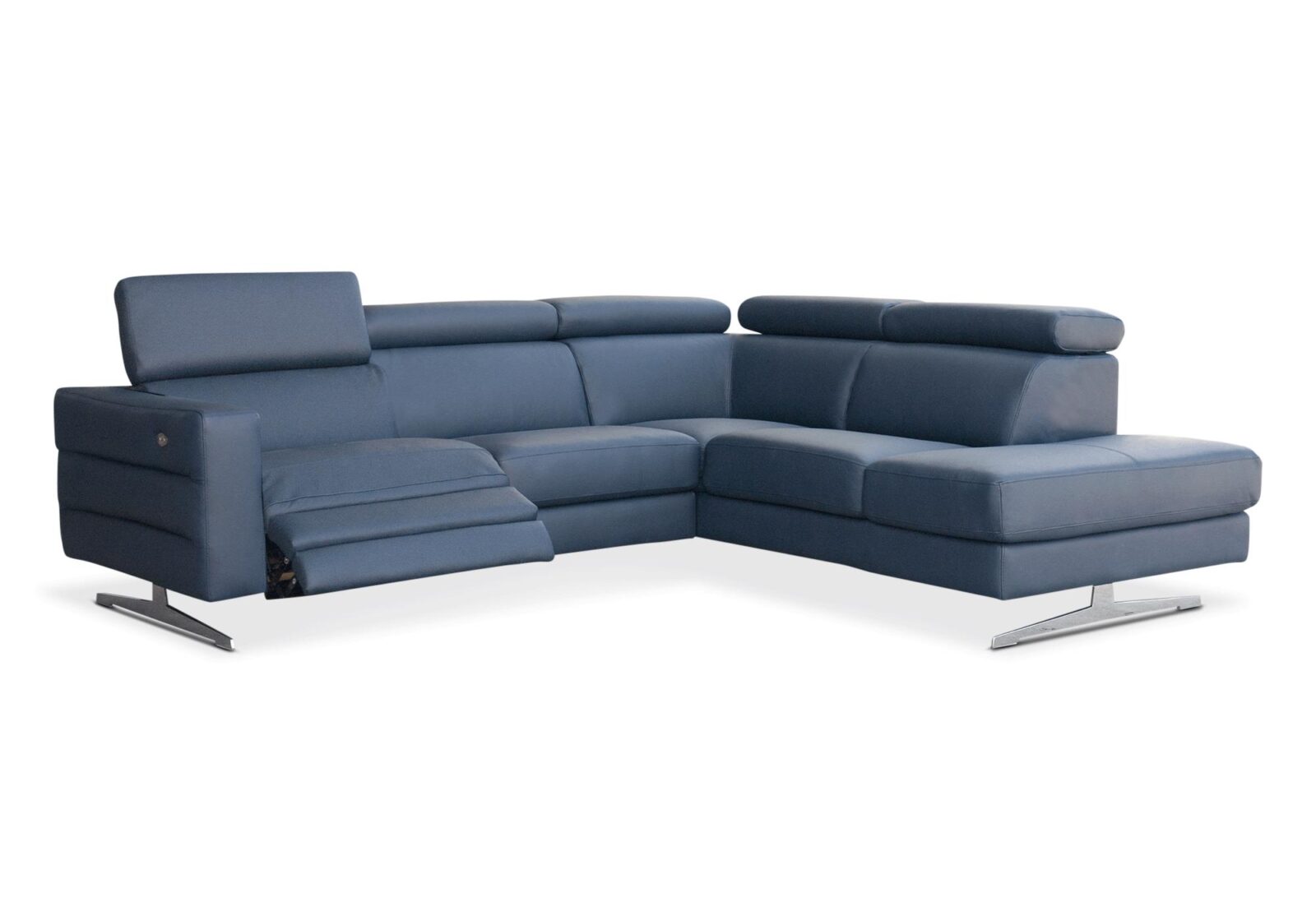 Ecksofa Urus mit 3er Sofa und 2er Sofa. Bezug: Leder. Farbe: Blau. Erhältlich bei Möbel Gallati.