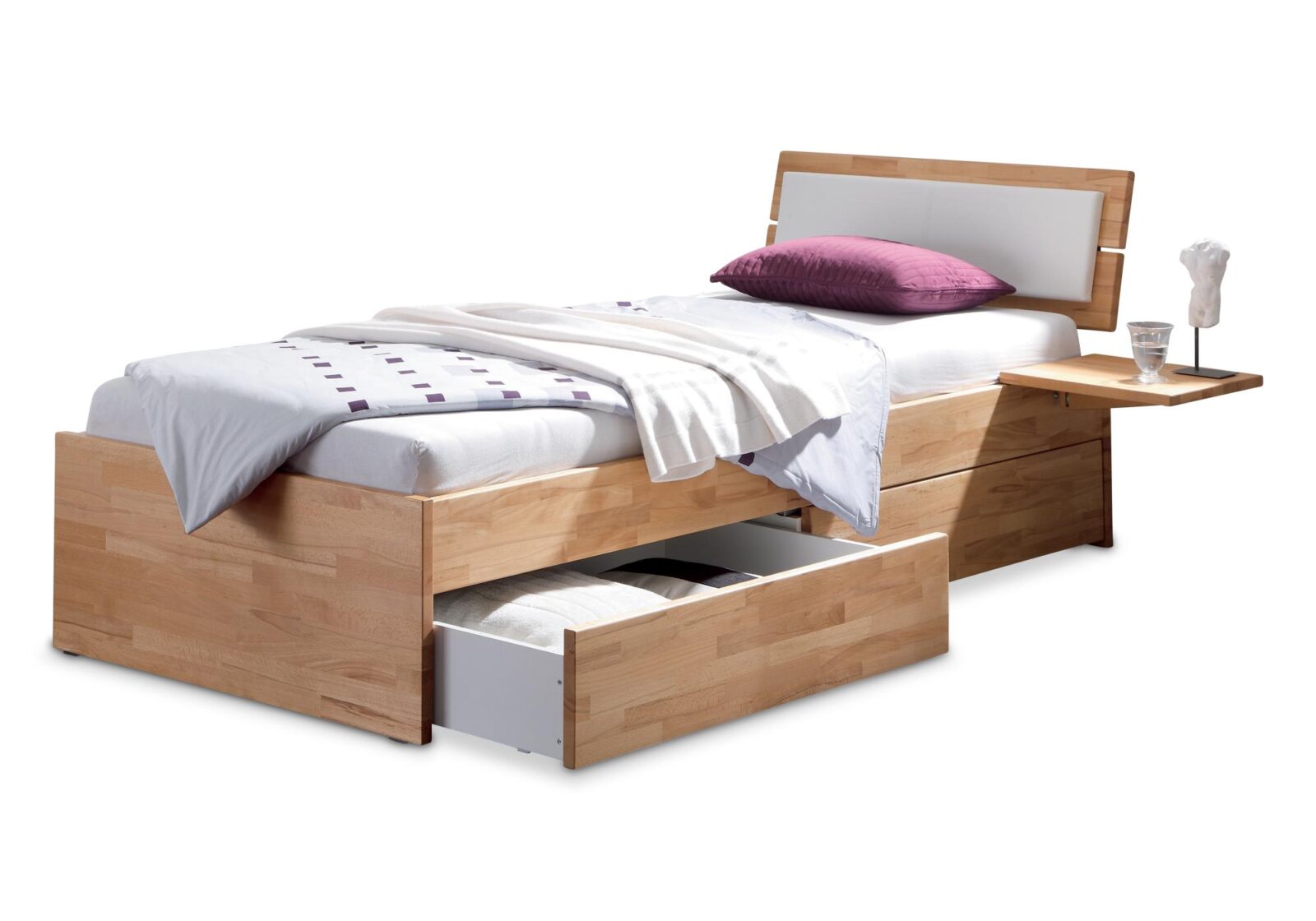 Schubladenbett Funktion mit Bett. ohne Bettinhalt. Material: Kernbuche. Erhältlich bei Möbel Gallati.