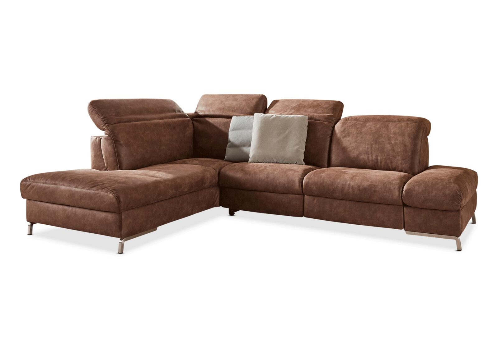 Ecksofa Pilatus mit elektrischer Verstellung. Bezug: Leder. Farbe: Cognac. Erhältlich bei Möbel Gallati.